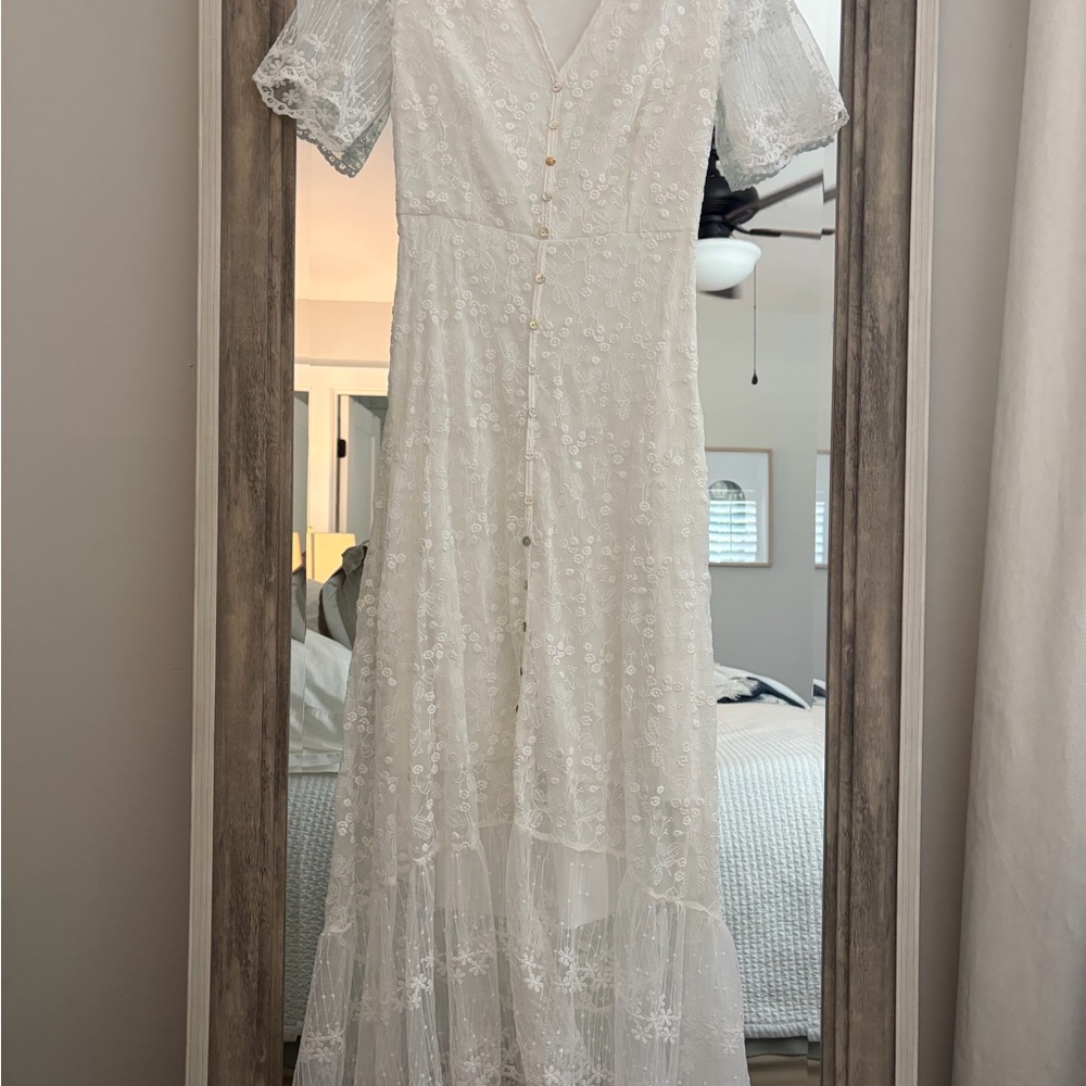 Women’s White Lace Button-Front Maxi Dress